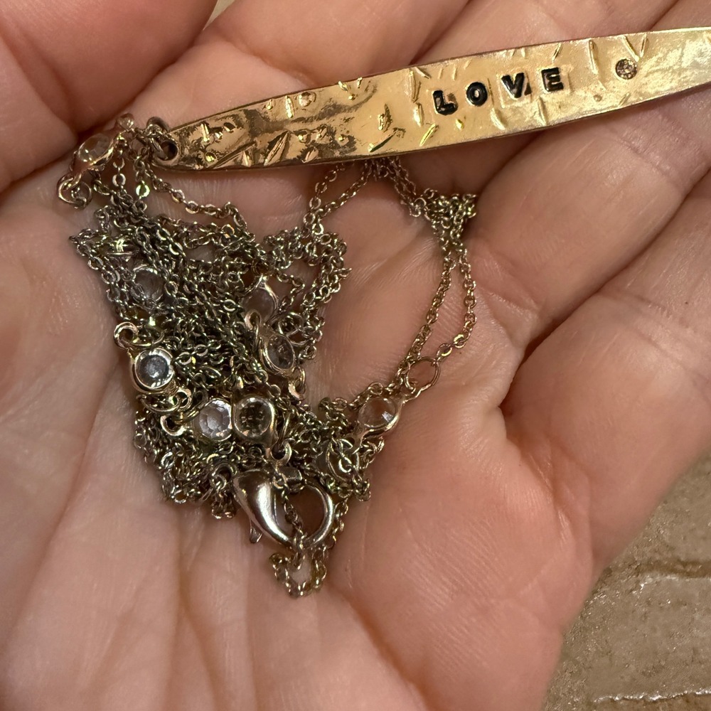 Silver Tone Long Station Chain Necklace Gold Hammered Love Bar Pendant 24.5in